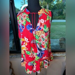 Crown & ivy Crochet Peasant Top Red Bird Linen Blend Floral Size Large